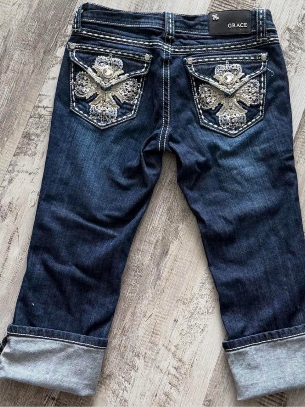 Grace Dark Indigo Cropped Jeans with Silver Embellished Pockets